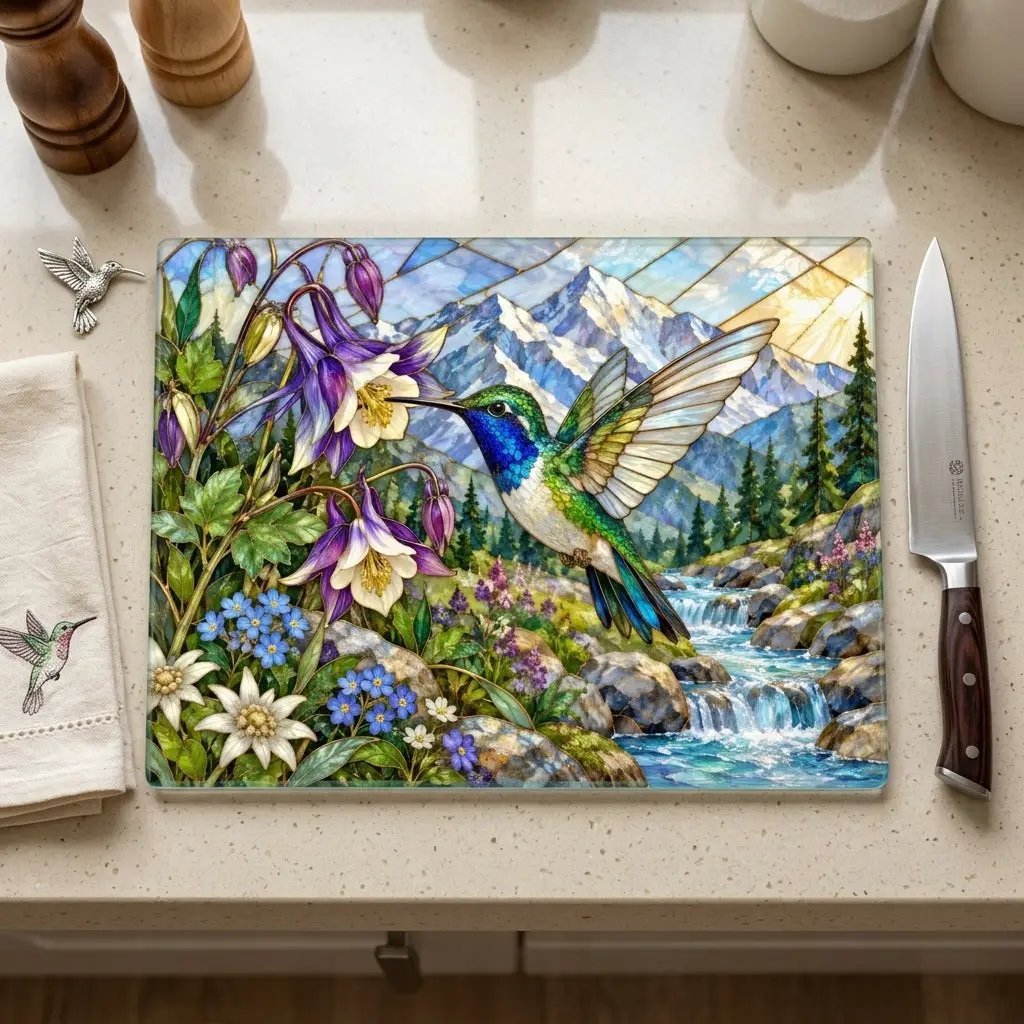 Hummingbird Glass Cutting Board, Stained Glass Mountain Art, Columbine Flower Kitchen Decor, Bird Lover Gift, Alpine Nature Cutting Board