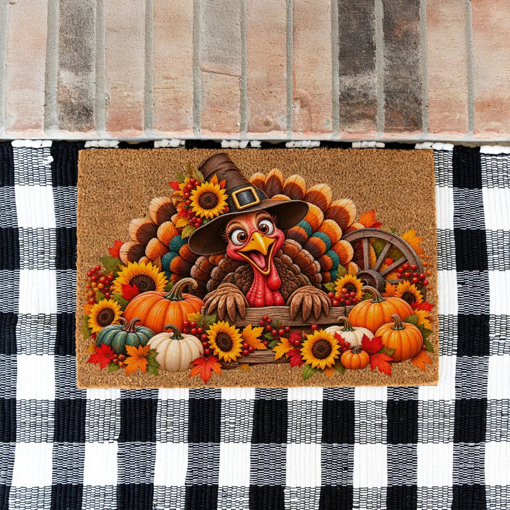 Thanksgiving Turkey Doormat, Funny Turkey Coir Mat, Fall Harvest Welcome Mat, Pumpkin & Sunflower Porch Decor, Thanksgiving Door Mat