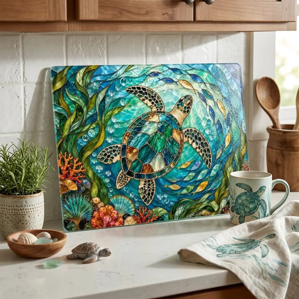 Sea Turtle Glass Cutting Board, Ocean Kitchen Decor, Coastal Serving Board, Underwater Sea Life Chopping Board, Beach House Gift Idea