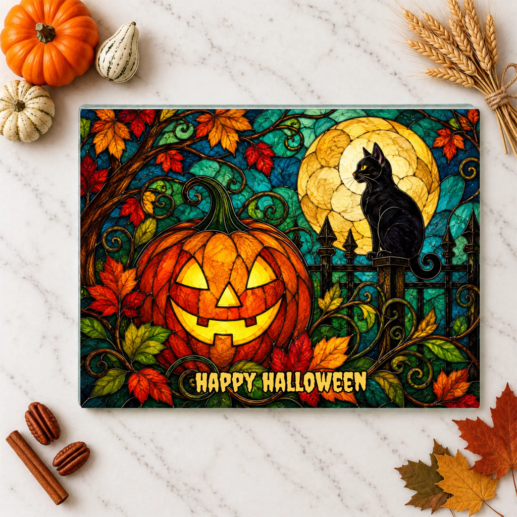 Halloween Black Cat and Jack-O-Lantern Personalized Glass Cutting Board, Spooky Pumpkin Kitchen Decor