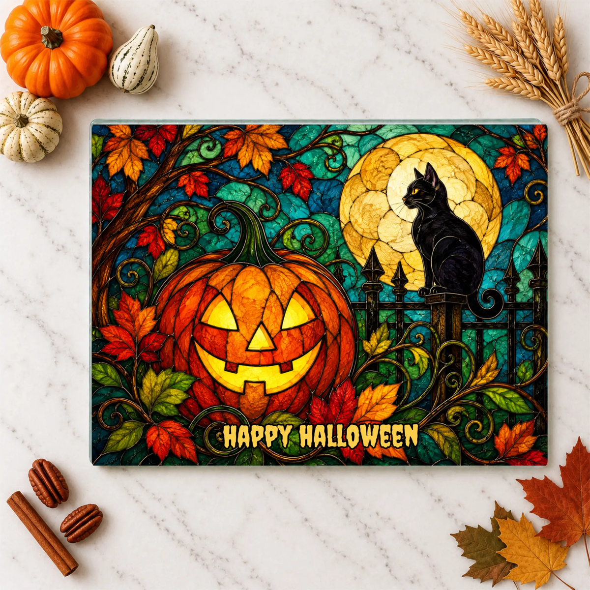 Halloween Black Cat and Jack-O-Lantern Personalized Glass Cutting Board, Spooky Pumpkin Kitchen Decor