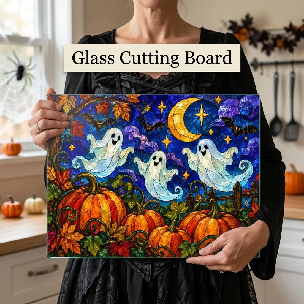 Halloween Ghosts Personalized Glass Cutting Board, Spooky Pumpkin Kitchen Decor