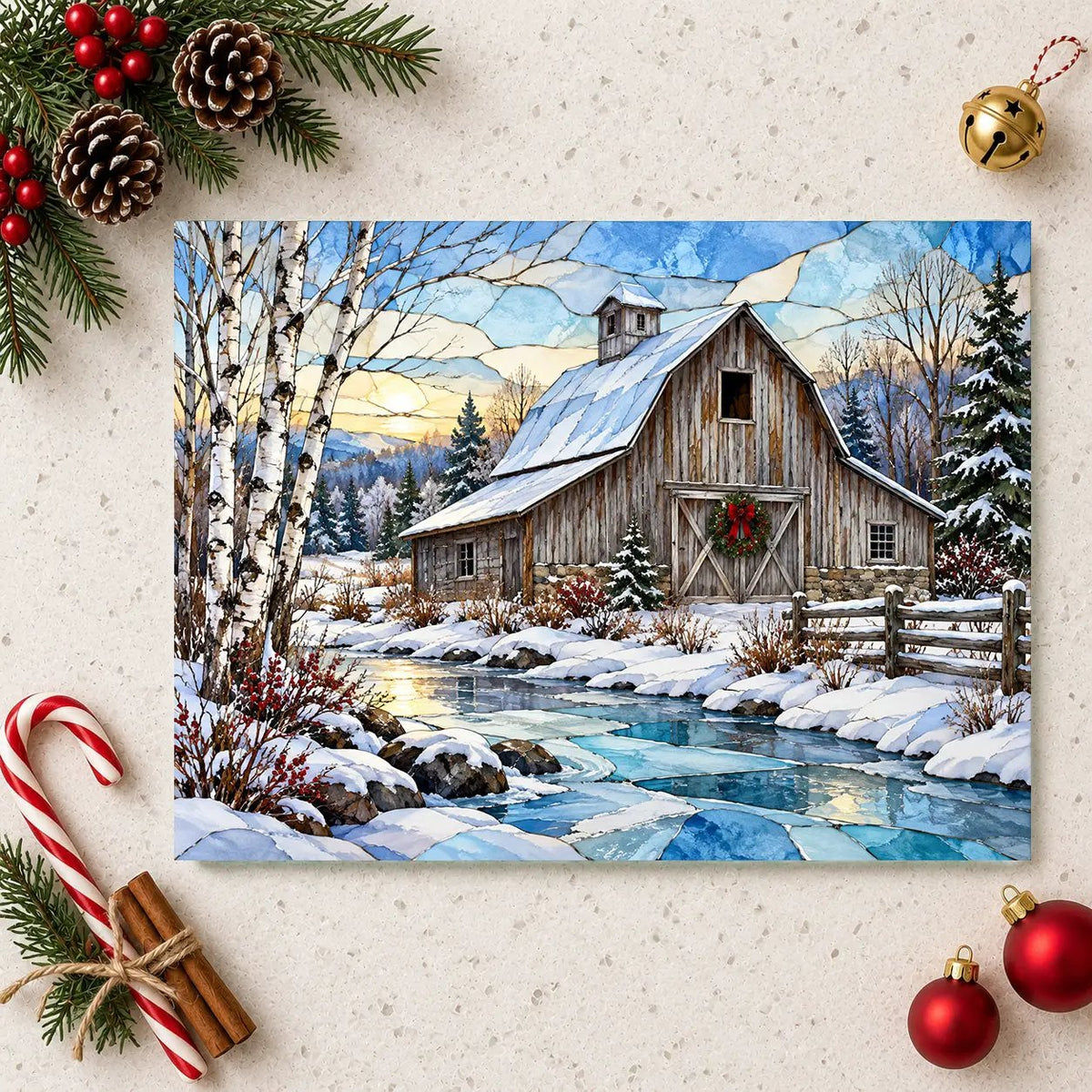 Country Winter Barn Glass Cutting Board, Snowy Farmhouse Kitchen Decor, Rustic Christmas Gift, Winter Barn Kitchen Board