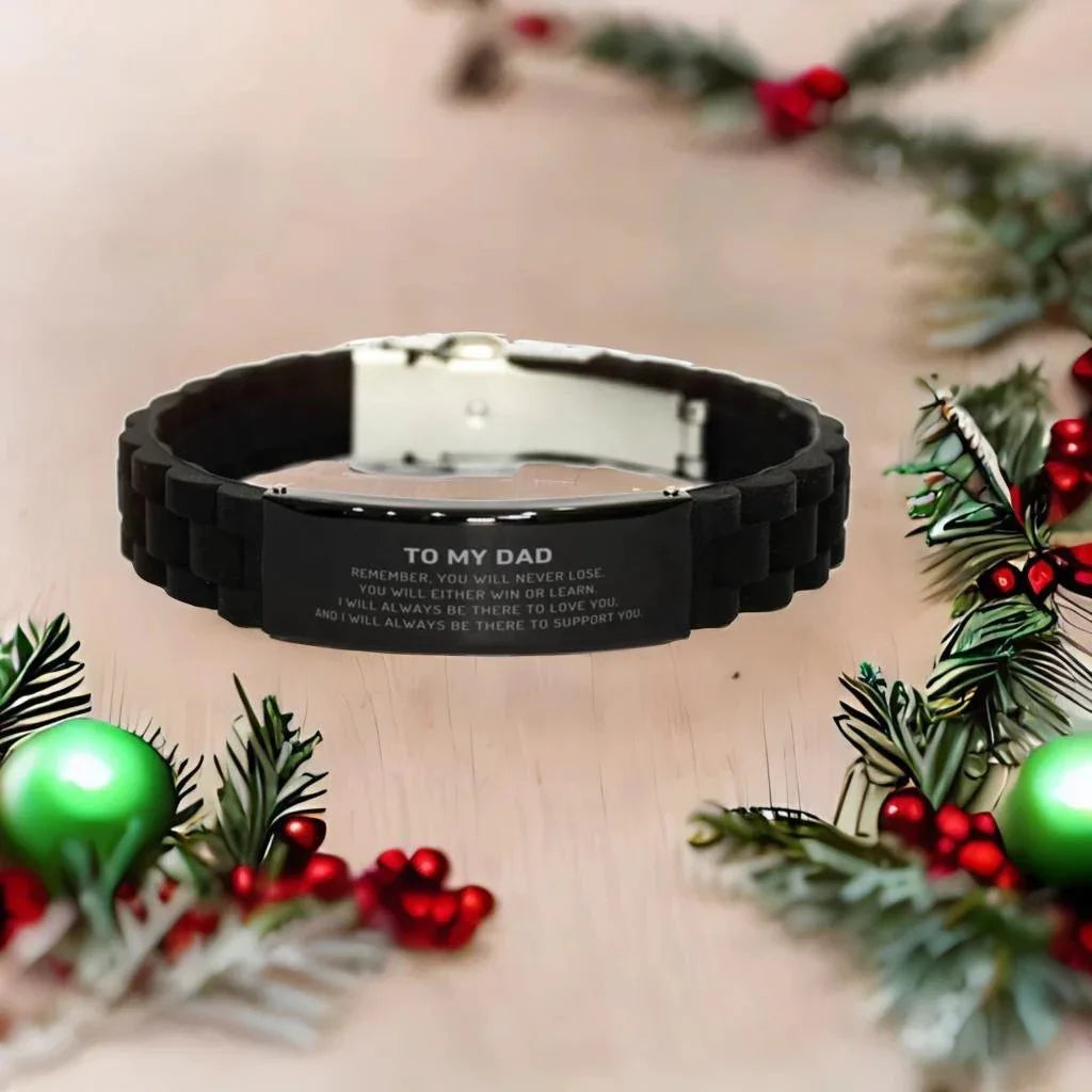 Dad Gifts, To My Dad Remember, you will never lose. You will either WIN or LEARN, Keepsake Black Glidelock Clasp Bracelet For Dad Engraved, Birthday Christmas Gifts Ideas For Dad X-mas Gifts