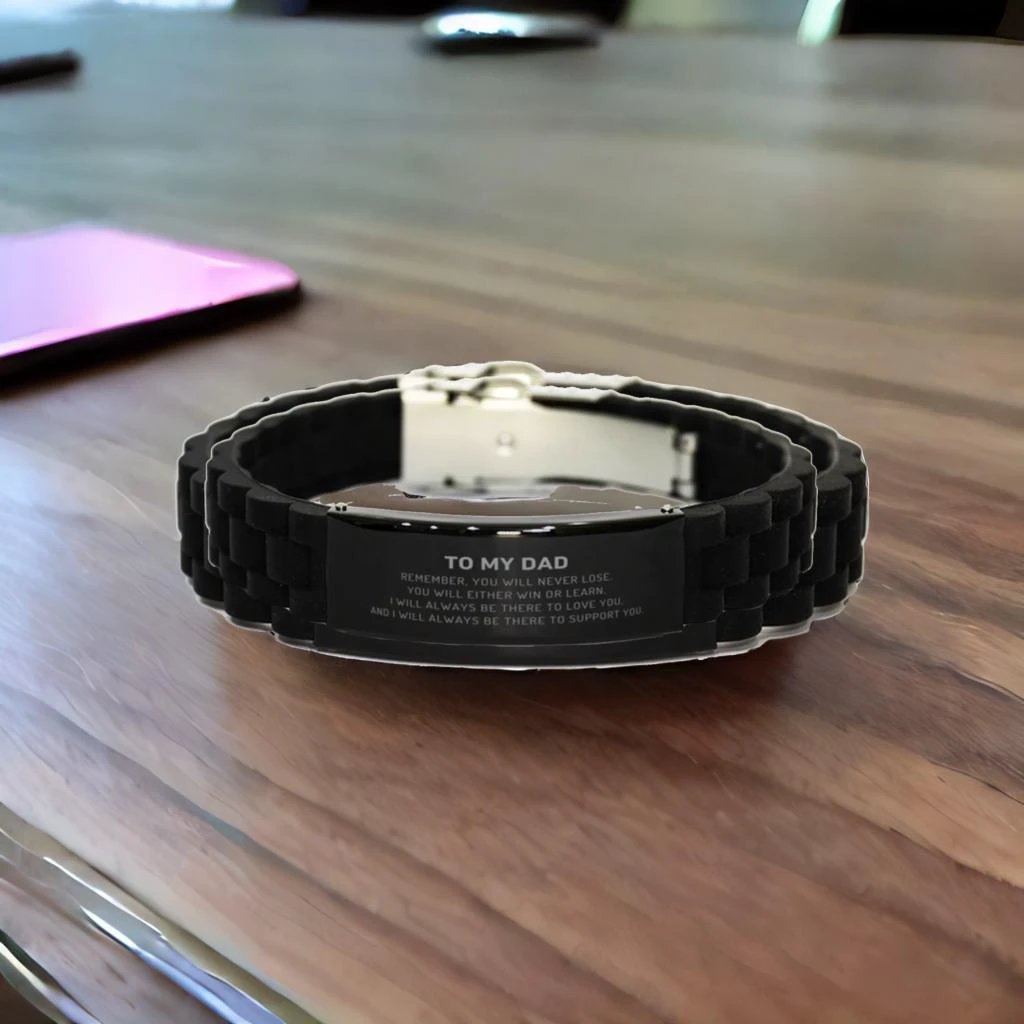 Dad Gifts, To My Dad Remember, you will never lose. You will either WIN or LEARN, Keepsake Black Glidelock Clasp Bracelet For Dad Engraved, Birthday Christmas Gifts Ideas For Dad X-mas Gifts
