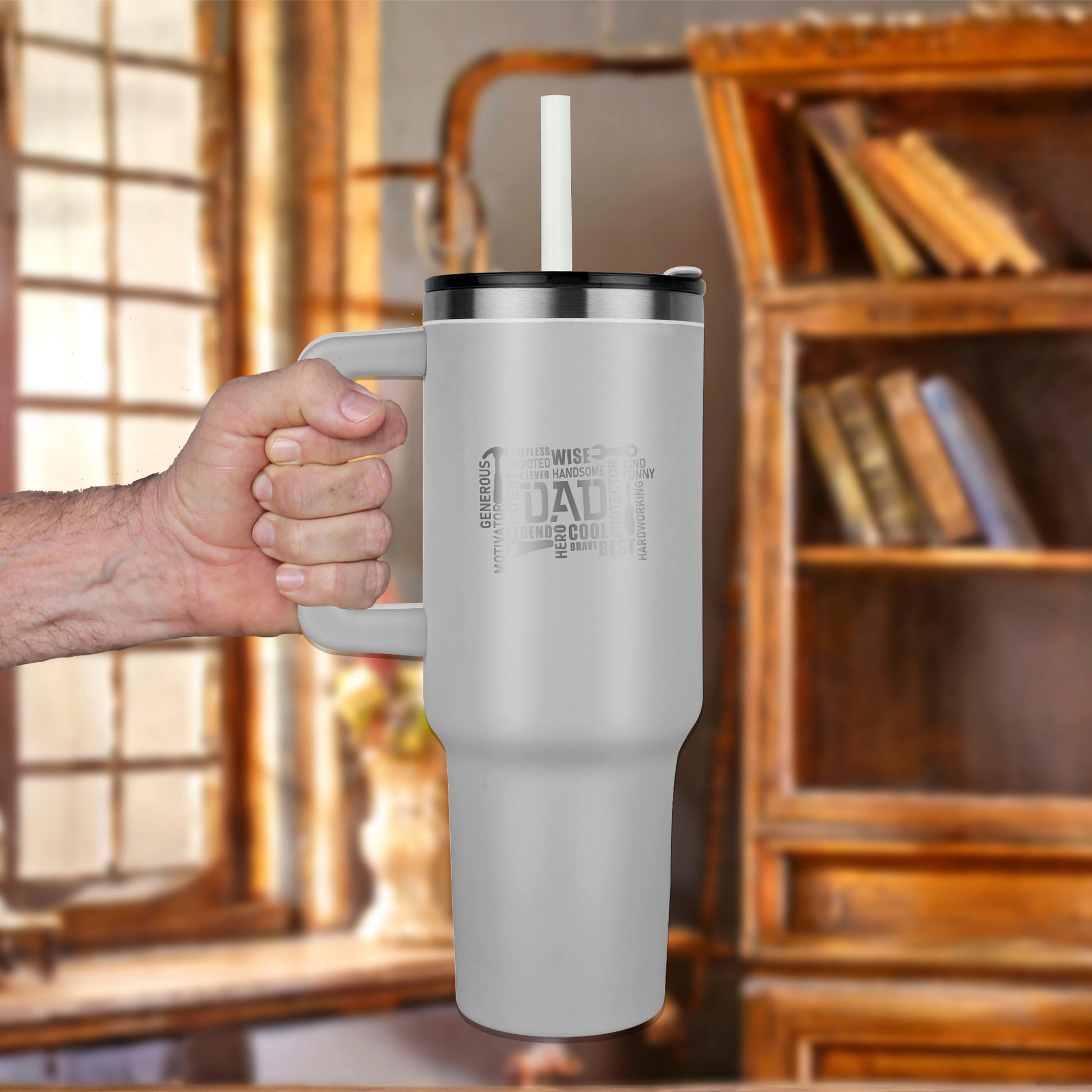 Gift for Dad - Word Art Laser-engraved 40oz Colored Tumbler With Handle - Mallard Moon Gift Shop
