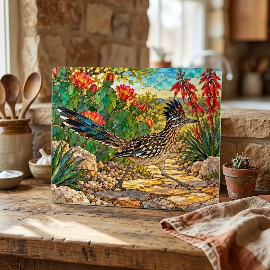 Roadrunner Glass Cutting Board, Desert Bird Kitchen Decor, Southwestern Cactus Chopping Board, Wildlife Lover Gift, Kitchen Counter Accent