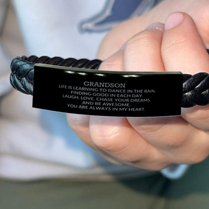 Grandson Braided Leather Engraved Bracelet, Motivational Heartfelt Birthday, Christmas Holiday Gifts For Grandson, Life is Learning to Dance in the Rain, You are Always in My Heart - Mallard Moon Gift Shop