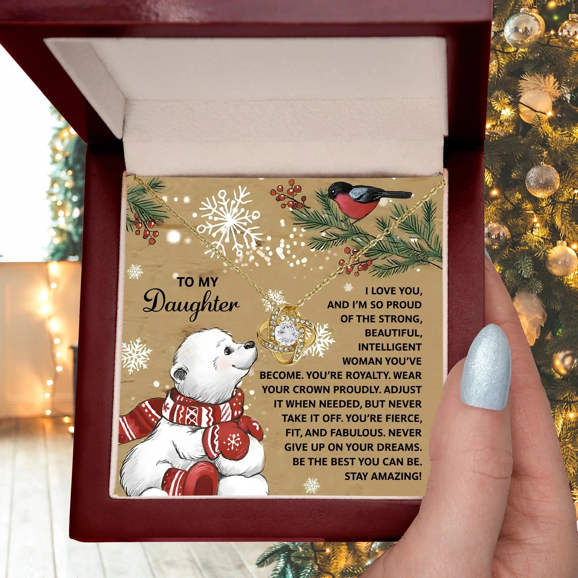 To My Daughter Christmas Love Knot Necklace – Holiday Gift with Polar Bear Message Card, Inspirational Daughter Jewelry, Christmas Gift from Mom or Dad