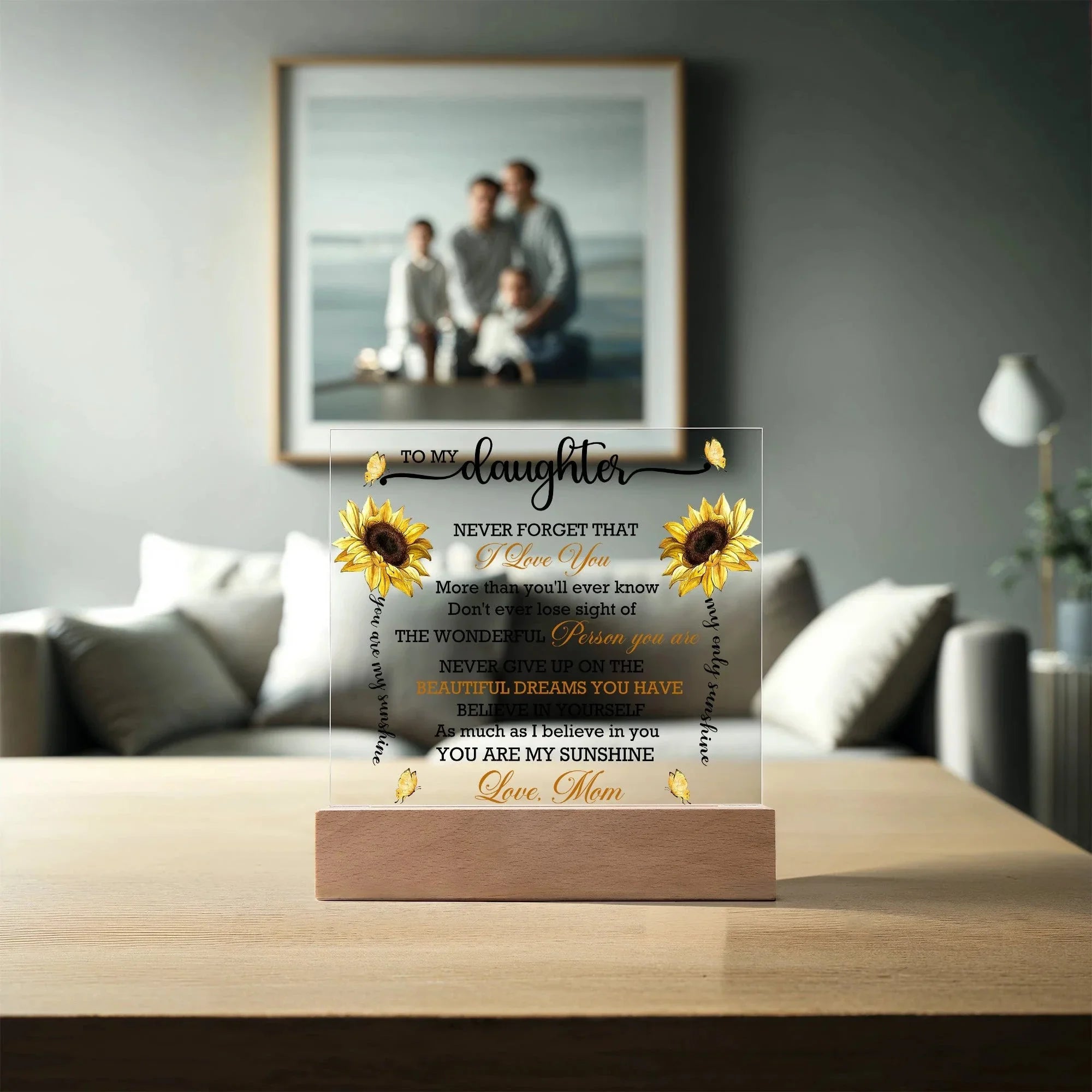 Daughter Sunflower Acrylic Plaque with LED Lighted Wooden Base Meaningful Birthday, Graduation, or Christmas Present Gift from Mom