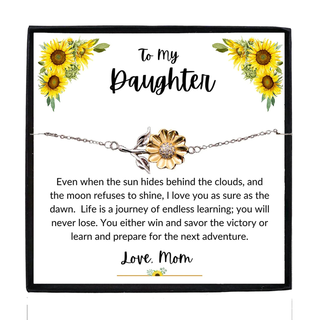 Daughter Sunflower Bracelet – Sterling Silver with 18K Gold-Plated Petals – Gift for Teen & Adult Daughters from Mom – Inspirational Jewelry with Message Card - Graduation, Birthday Keepsake