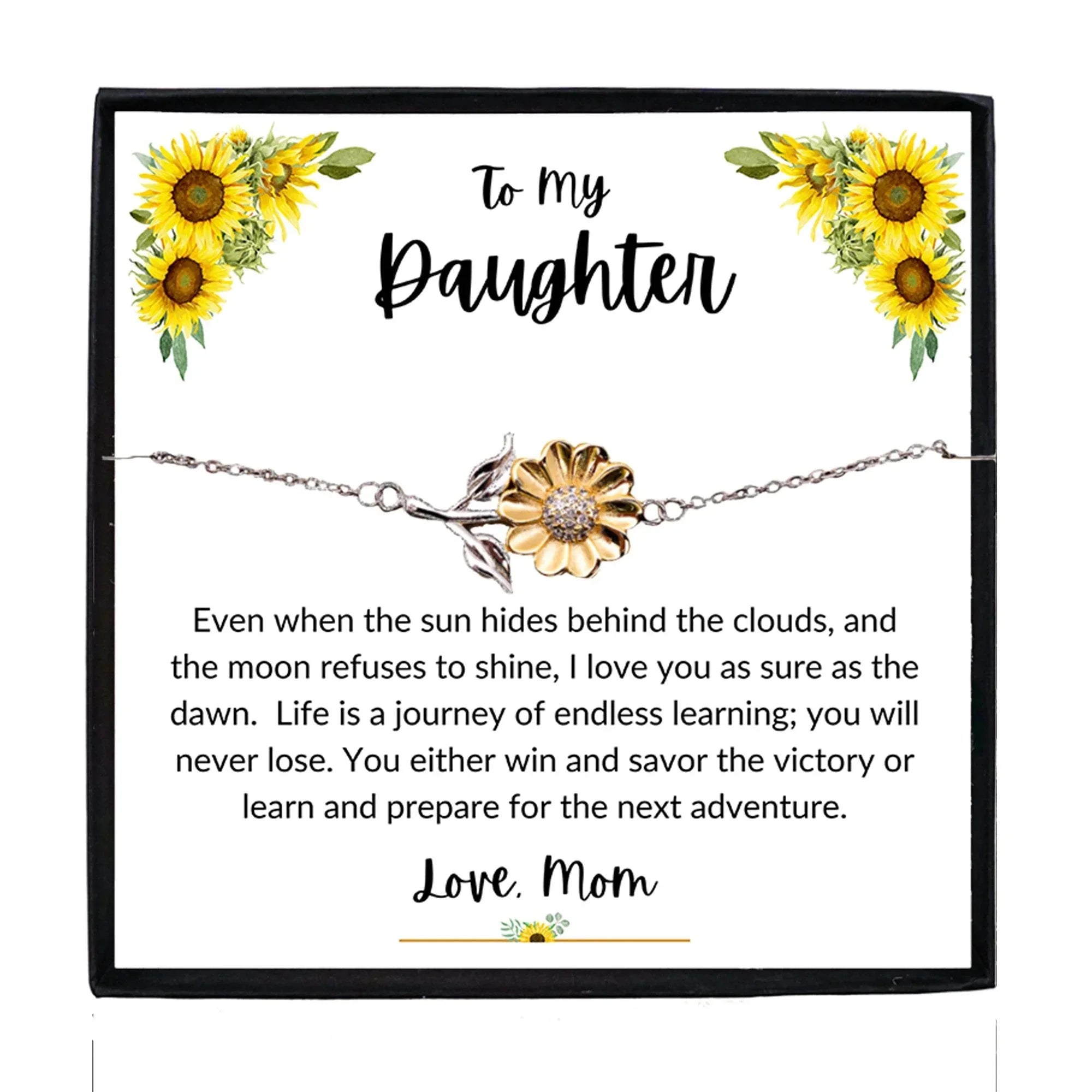 Daughter Sunflower Bracelet – Sterling Silver with 18K Gold-Plated Petals – Gift for Teen & Adult Daughters from Mom – Inspirational Jewelry with Message Card - Graduation, Birthday Keepsake