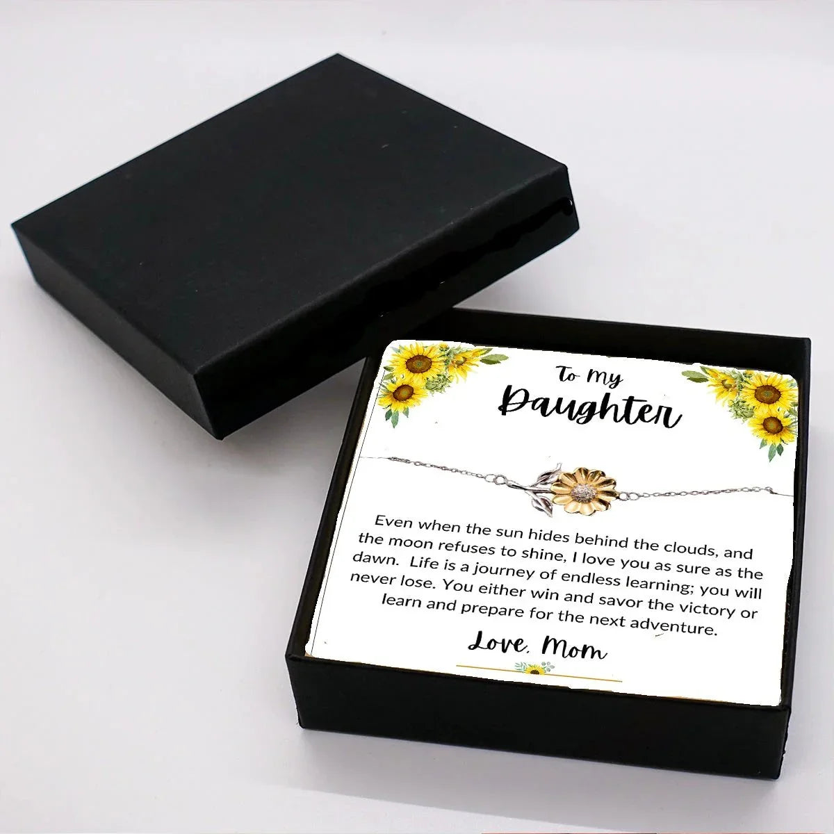 Daughter Sunflower Bracelet – Sterling Silver with 18K Gold-Plated Petals – Gift for Teen & Adult Daughters from Mom – Inspirational Jewelry with Message Card - Graduation, Birthday Keepsake