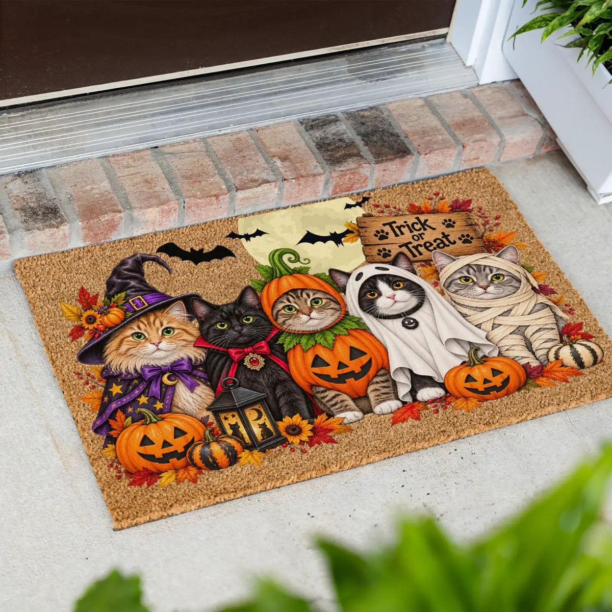 Halloween Cat Doormat, Funny Costumed Cats Coir Welcome Mat, Trick or Treat Porch Decor, Fall Cat Lover Gift, Spooky Front Door Mat