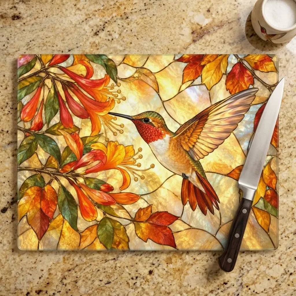 Hummingbird Cutting Board, Stained Glass Hummingbird Decor, Autumn Floral Kitchen Decor, Bird Lover Gift, Fall Hostess Gift