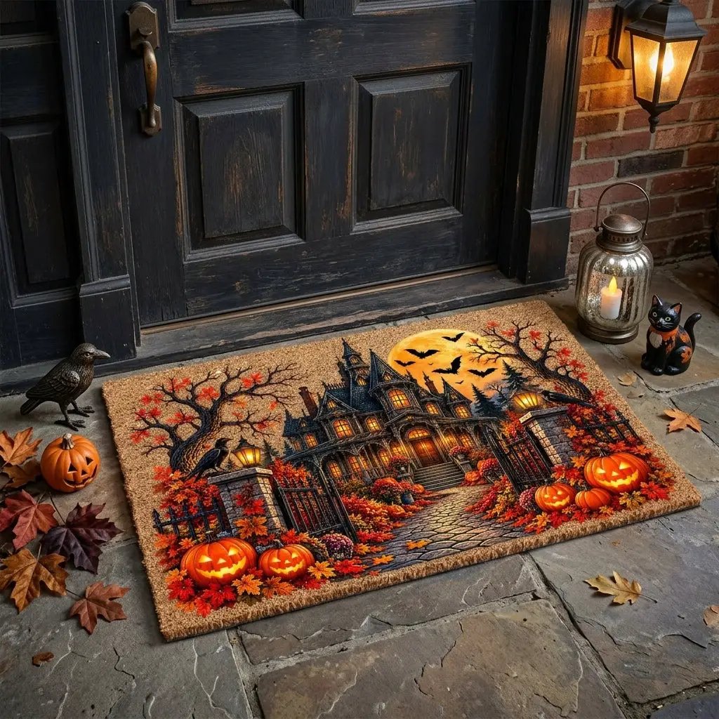 Spooky Mansion Doormat, Haunted House Halloween Welcome Mat, Raven & Pumpkin Coir Doormat, Gothic Fall Porch Decor, Halloween Door Mat