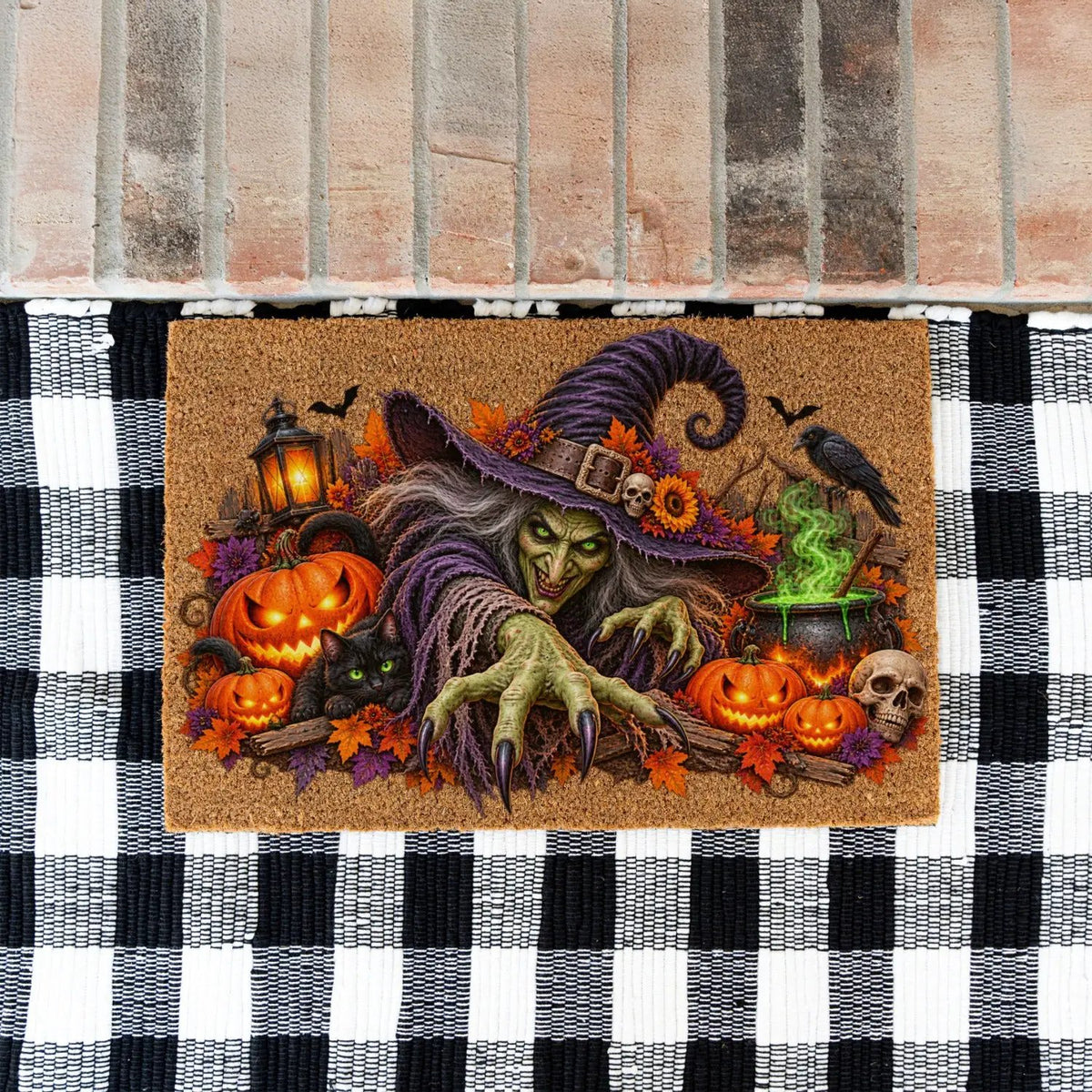 Horror Witch Doormat, Scary Halloween Coir Mat, Creepy Witch & Black Cat Welcome Mat, Pumpkin Porch Decor, Haunted House Door Mat