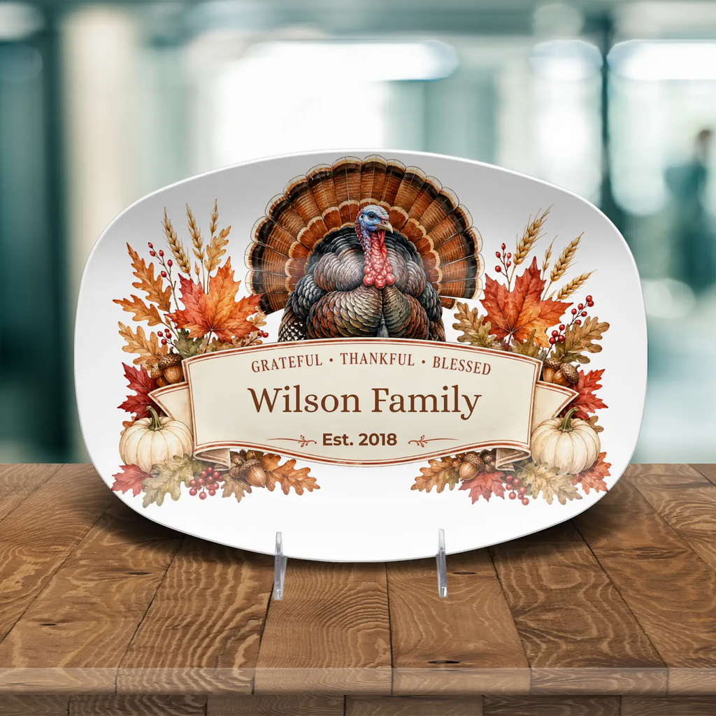 Personalized Thanksgiving Platter with Turkey, Custom Family Name Serving Platter, Grateful Thankful Blessed, Thanksgiving Hostess Gift