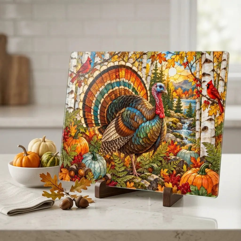 Thanksgiving Turkey Glass Cutting Board, Woodland Turkey Kitchen Decor, Fall Cardinal Birch Forest Cutting Board, Autumn Gift