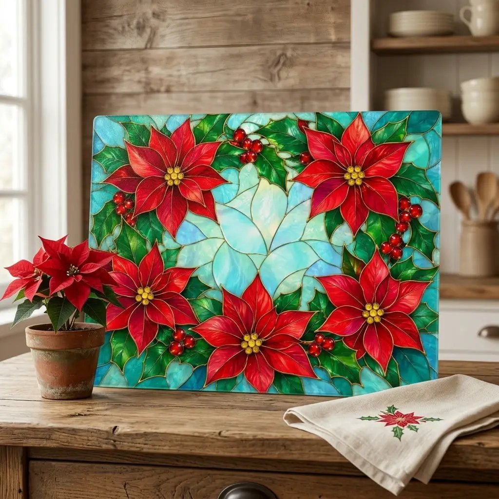 Poinsettia Glass Cutting Board, Christmas Kitchen Decor, Stained Glass Holiday Floral Chopping Board, Festive Hostess Gift for Home Cooks