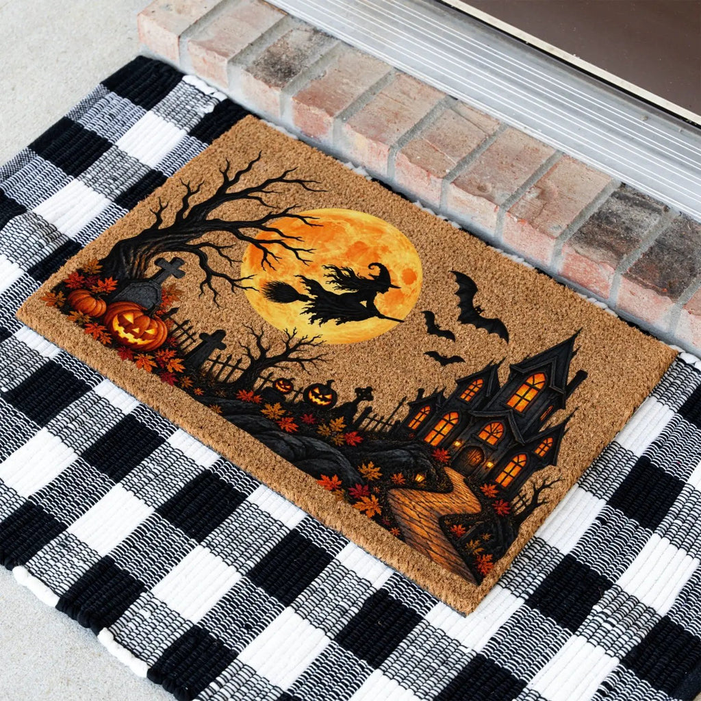 Halloween Witch Doormat, Haunted House Coir Welcome Mat, Spooky Graveyard Porch Decor, Full Moon Halloween Door Mat, Fall Entryway Decor