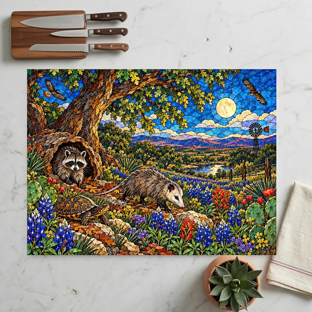 Raccoon and Possum Glass Cutting Board, Texas Wildlife Kitchen Decor, Opossum Raccoon Gift, Bluebonnet Country Cutting Board
