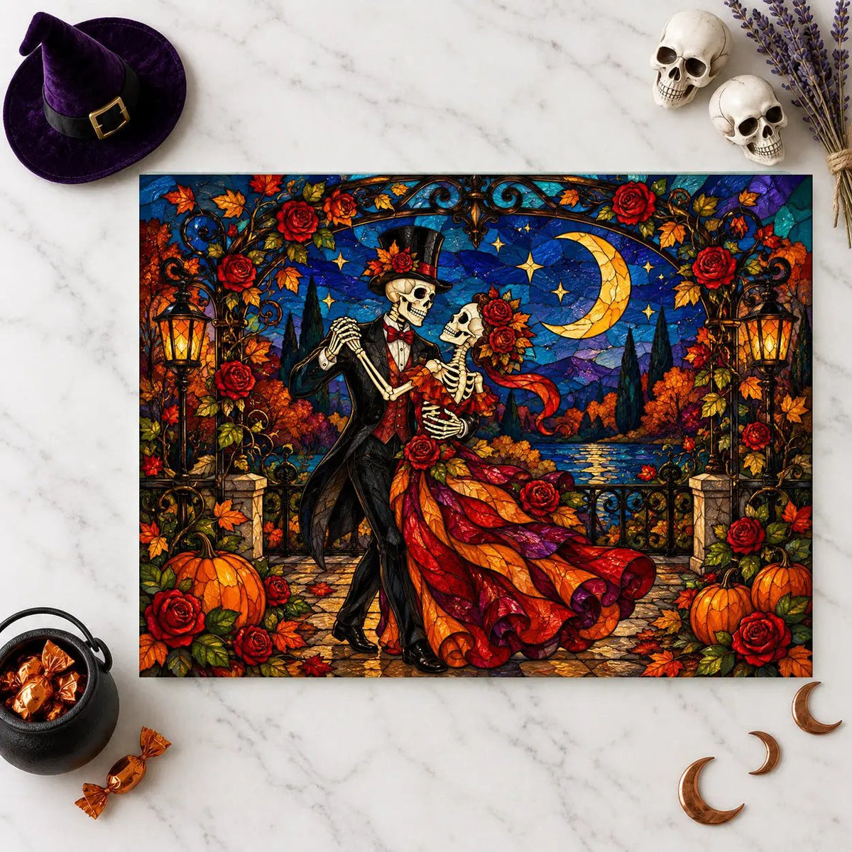 Halloween Skeleton Dancing Couple Personalized Glass Cutting Board, Gothic Romance Kitchen Decor