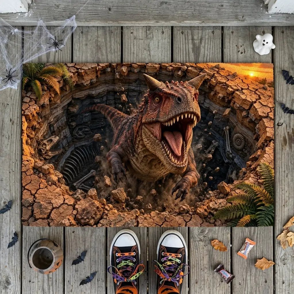 Carnotaurus 3D Optical Illusion Doormat, Dinosaur Fossil Pit Floor Mat, Prehistoric Dinosaur Door Mat, Dino Lover Gift