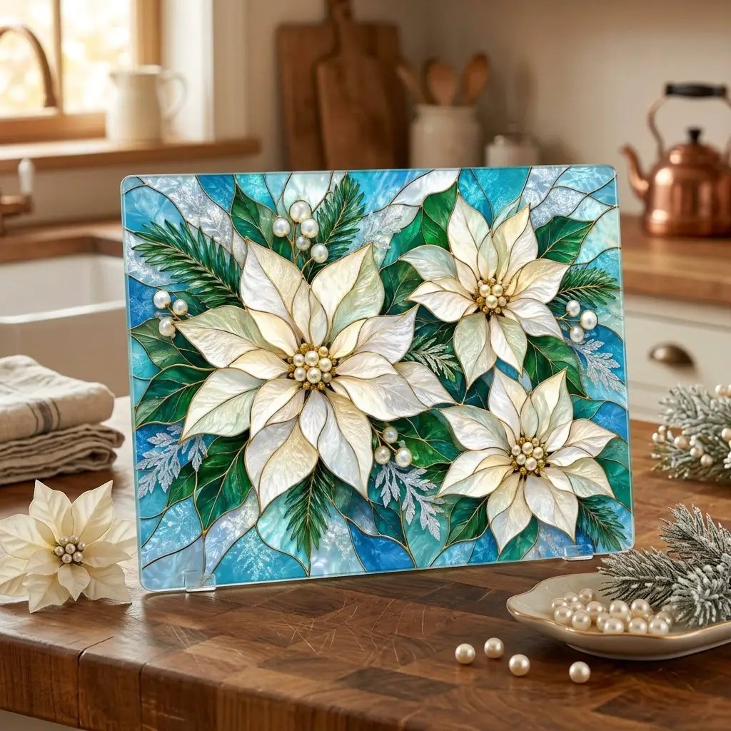 Winter Poinsettia Glass Cutting Board, Holiday Kitchen Decor, Floral Serving Board, Christmas Hostess Gift, Seasonal Home Accent Gift