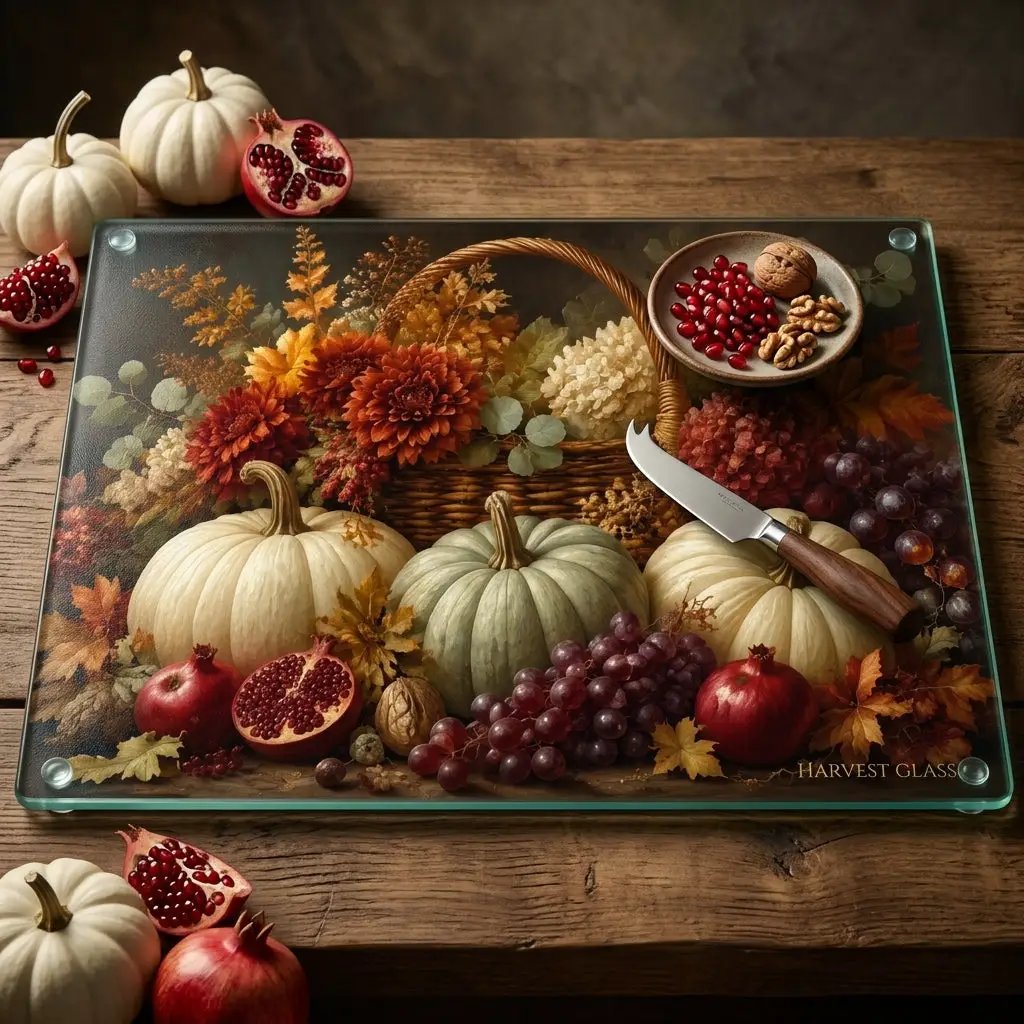 White Pumpkin Glass Cutting Board, Elegant Fall Kitchen Decor, Autumn Floral Cutting Board, Thanksgiving Hostess Gift