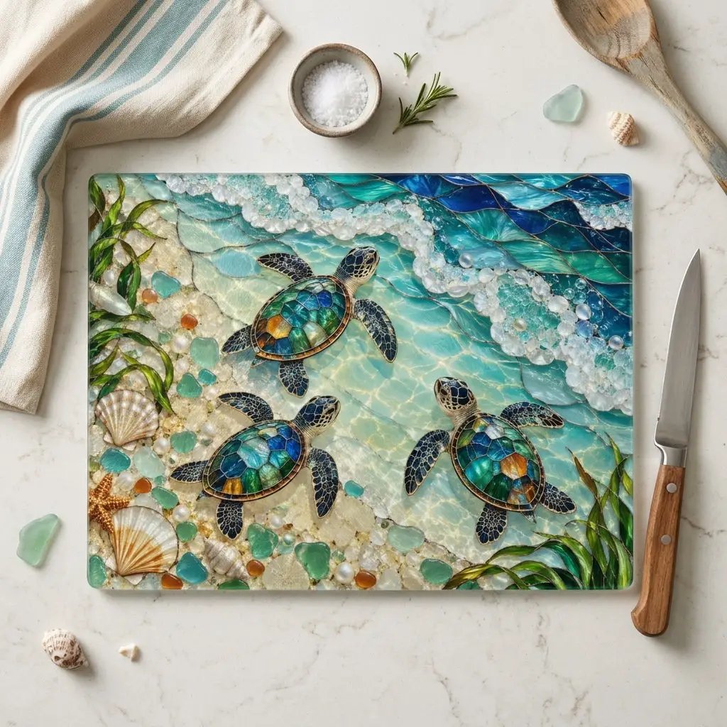 Sea Turtle Hatchlings Cutting Board, Coastal Kitchen Decor, Ocean Beach House Gift, Tempered Glass Chopping Board, Marine Life Kitchen Accent