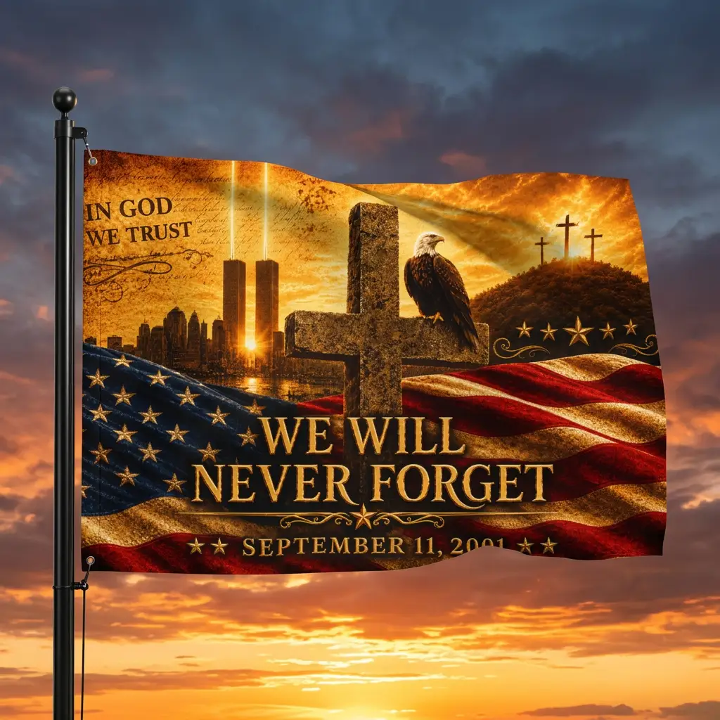 We Will Never Forget Flag, In God We Trust, Double Sided American Flag with Grommets,9/11 Christian Memorial Flag