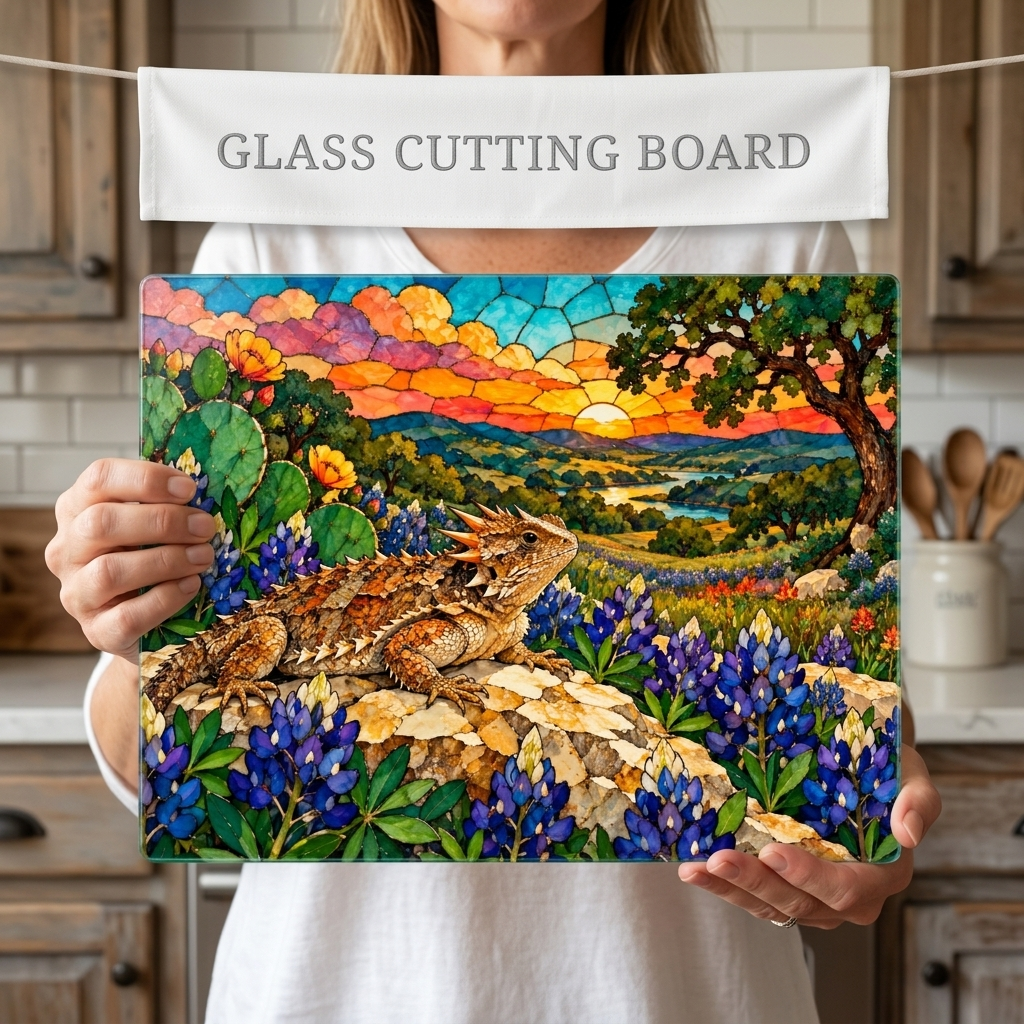 Texas Horned Lizard Glass Cutting Board, Bluebonnet Kitchen Decor, Texas Wildflower Cutting Board, Horny Toad Gift, Texas Housewarming Gift