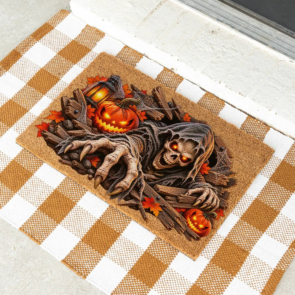 Horror Skeleton Doormat, Grim Reaper Halloween Coir Mat, Creepy Skeleton Welcome Mat, Scary Pumpkin Porch Decor, Haunted Door Mat