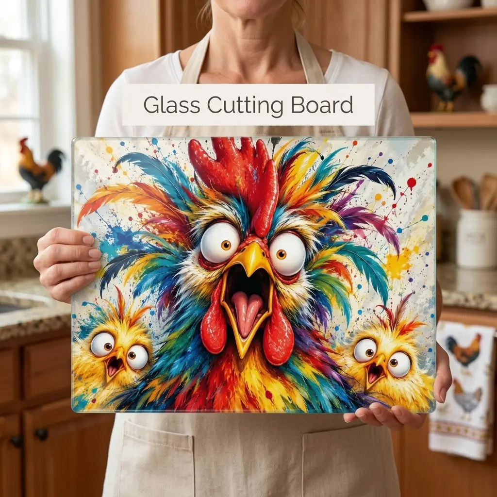 Rainbow Rooster Cutting Board, Funny Screaming Chicken Kitchen Decor, Colorful Rooster Gift, Chicken Lover Farmhouse Decor