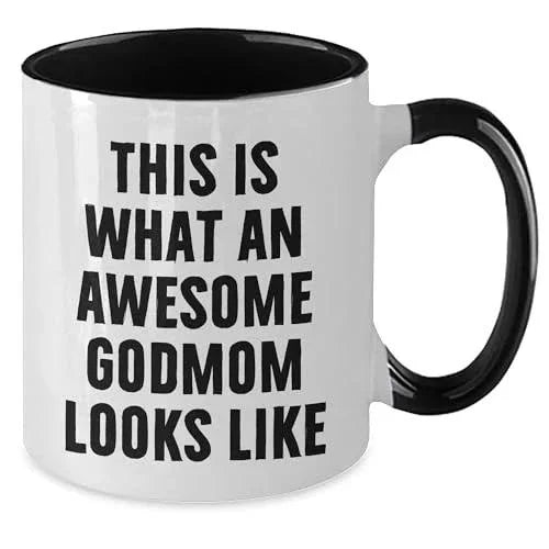 This Is What an Awesome Godmom Looks Like – Funny Two-Tone Ceramic Coffee Mug Gift for Godmothers, Cute and Bold Present from Godchild for Birthday, Mother’s Day, or Just Because
