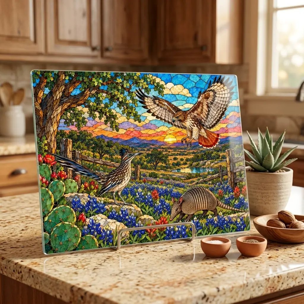 Texas Wildlife Glass Cutting Board, Roadrunner, Armadillo, Hawk Art, Bluebonnet Kitchen Decor, Hill Country Gift, Texas Wildlife Decor