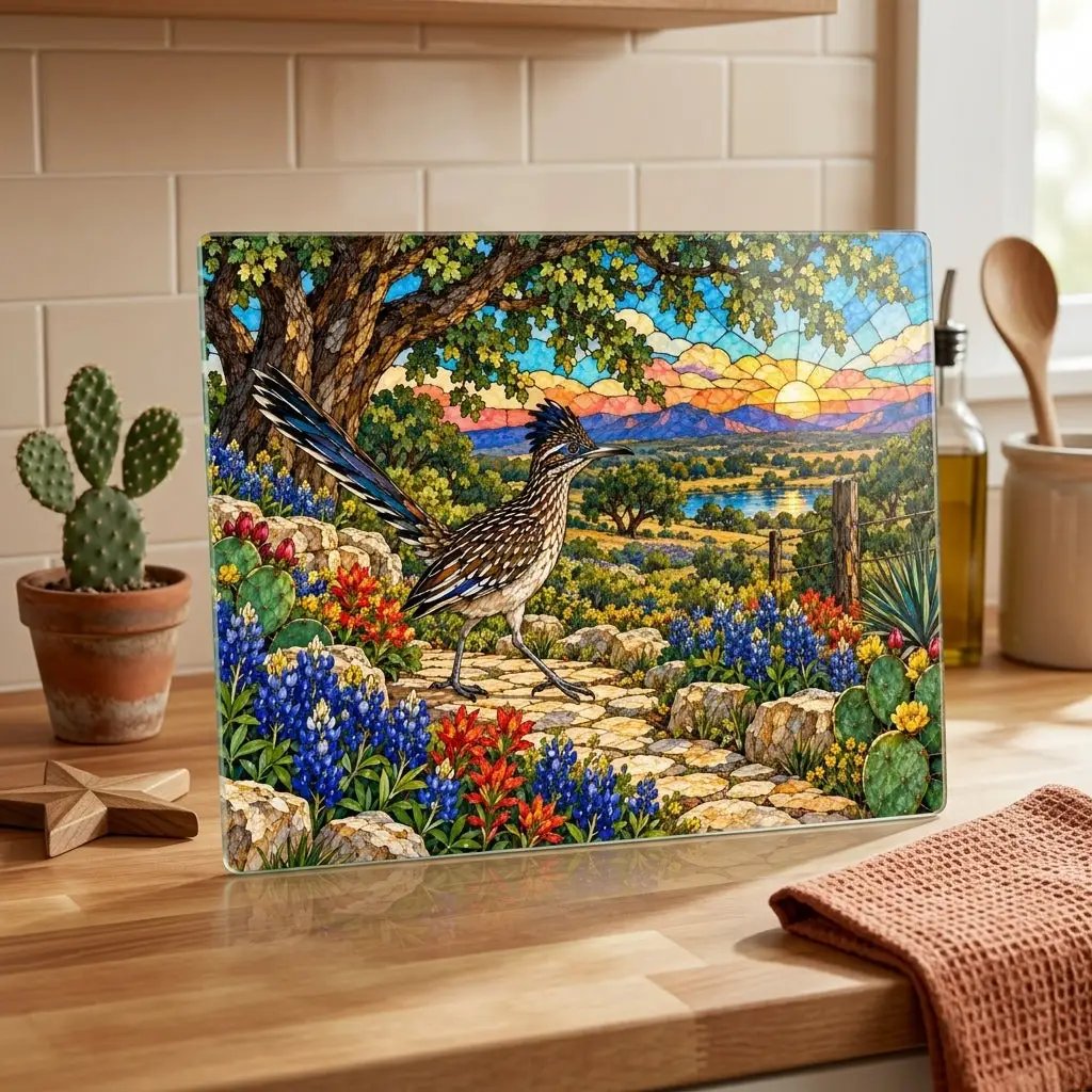 Texas Roadrunner Glass Cutting Board, Bluebonnet Kitchen Decor, Texas Wildflower Gift, Southwestern Kitchen Decor, Stained Glass Style
