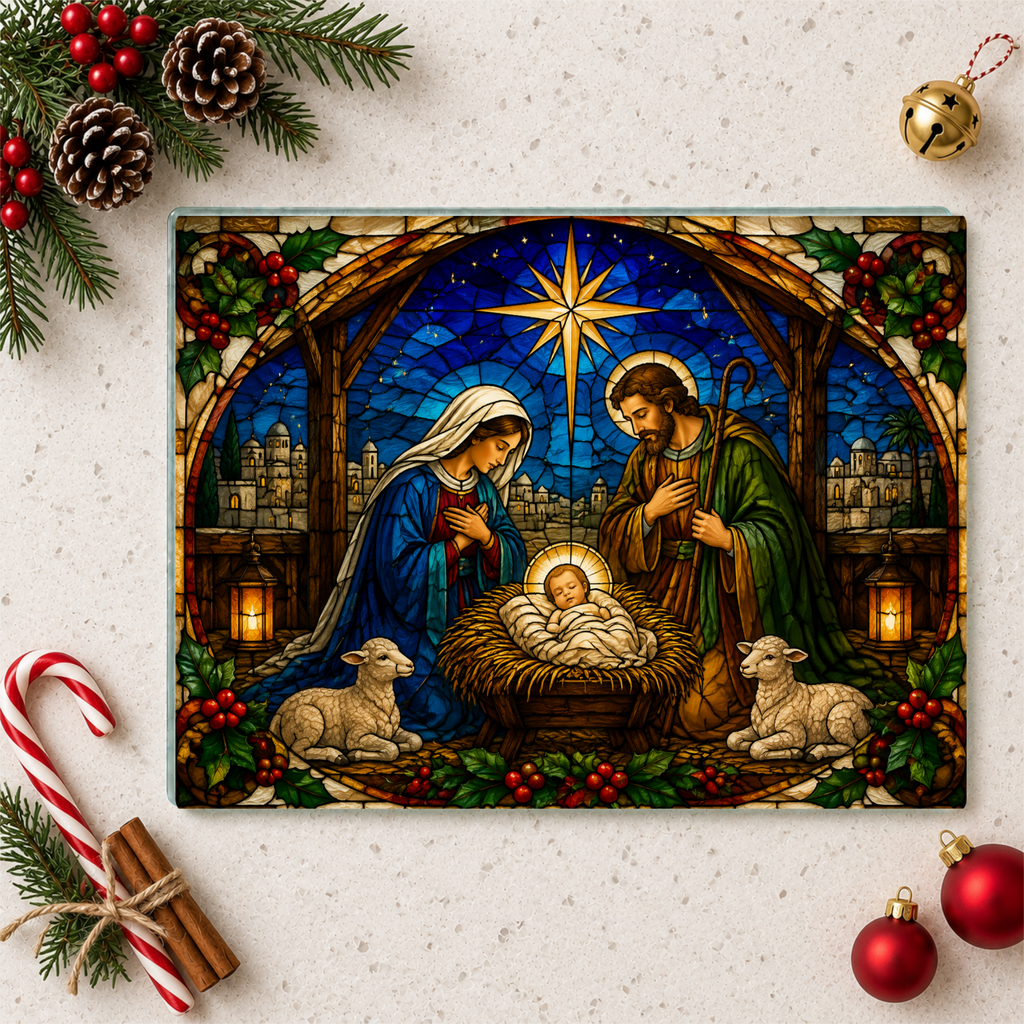 Nativity Glass Cutting Board, Christian Christmas Decor, Manger Scene Cutting Board, Religious Christmas Gift, Stained Glass Nativity