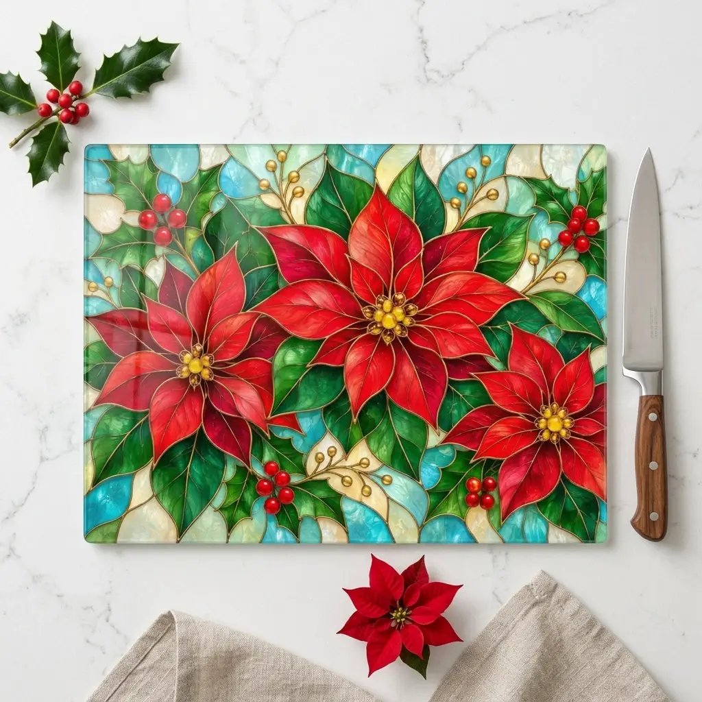 Christmas Poinsettia Glass Cutting Board, Holiday Holly Berry Kitchen Decor, Festive Red Floral Chopping Board, Seasonal Gift Idea