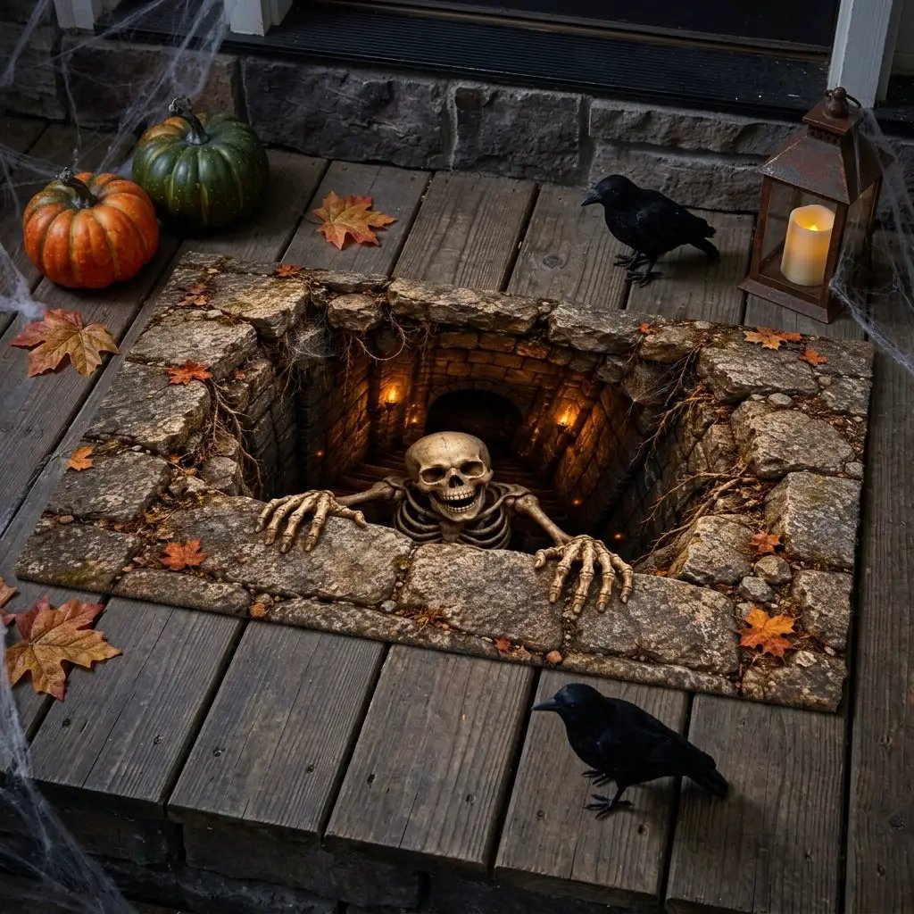 Skeleton Halloween Doormat, 3D Stairwell Illusion Door Mat, Creepy Skeleton Welcome Mat, Spooky Halloween Porch Decor