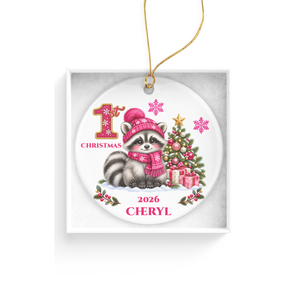 Raccoon Holiday Decor, Baby's First, Second, Third Christmas Ornament, Holiday Decor, Ceramic Tree Decoration 3 Inch