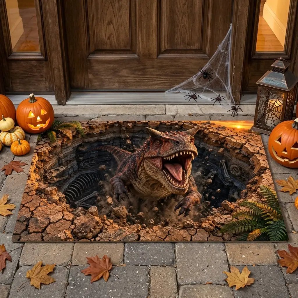 Carnotaurus 3D Optical Illusion Doormat, Dinosaur Fossil Pit Floor Mat, Prehistoric Dinosaur Door Mat, Dino Lover Gift