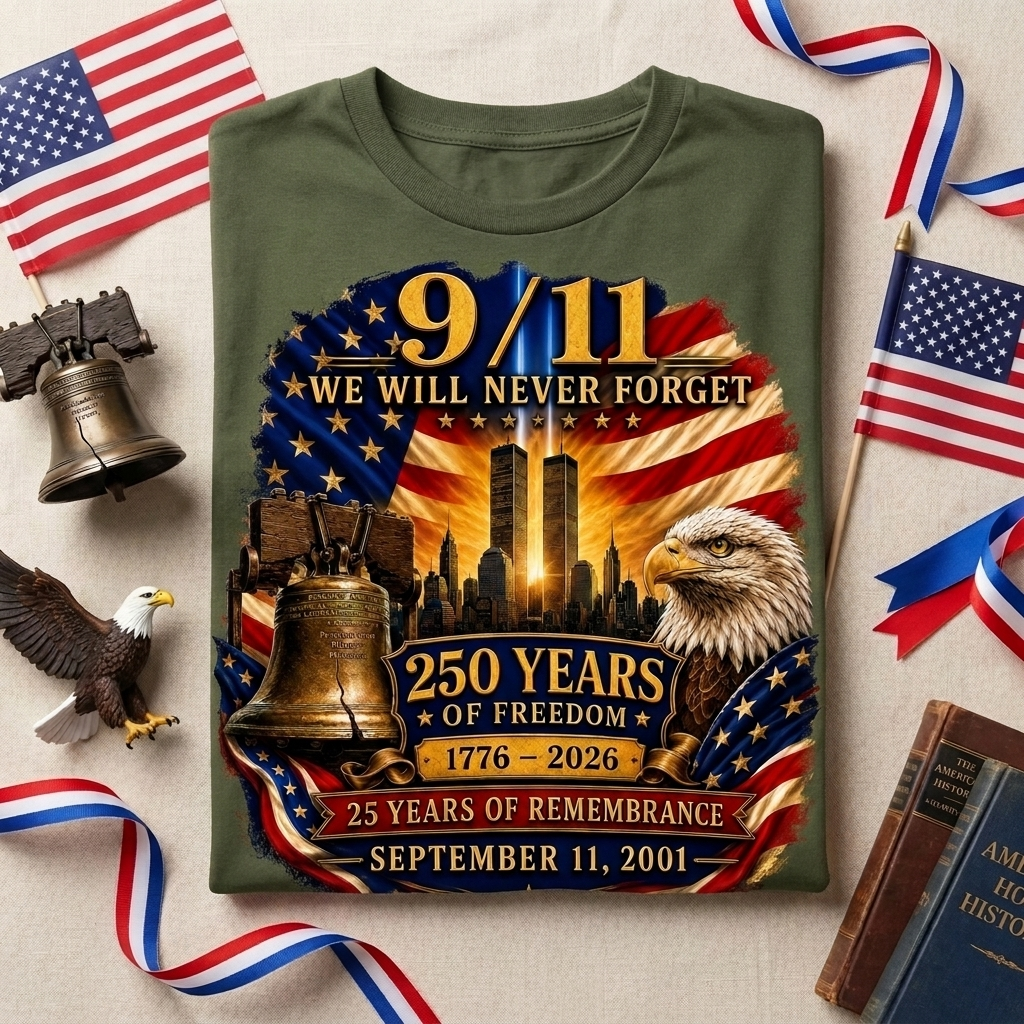 9/11 Memorial Shirt 25th Anniversary, Never Forget T-Shirt, 250 Years of Freedom 1776-2026, September 11 Remembrance Patriotic Tee