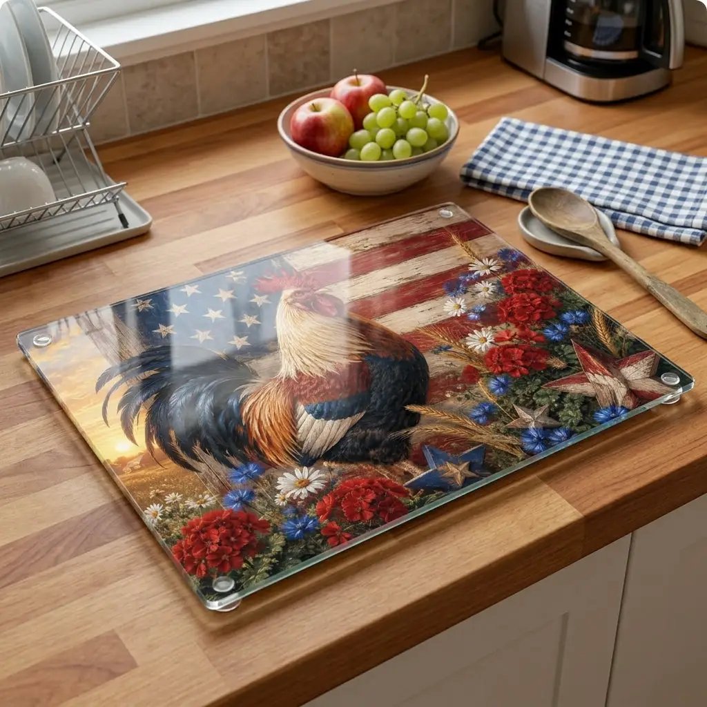 Patriotic Rooster Cutting Board, American Flag Glass Cutting Board, Farmhouse Kitchen Decor, Americana Rooster Gift, Country Kitchen