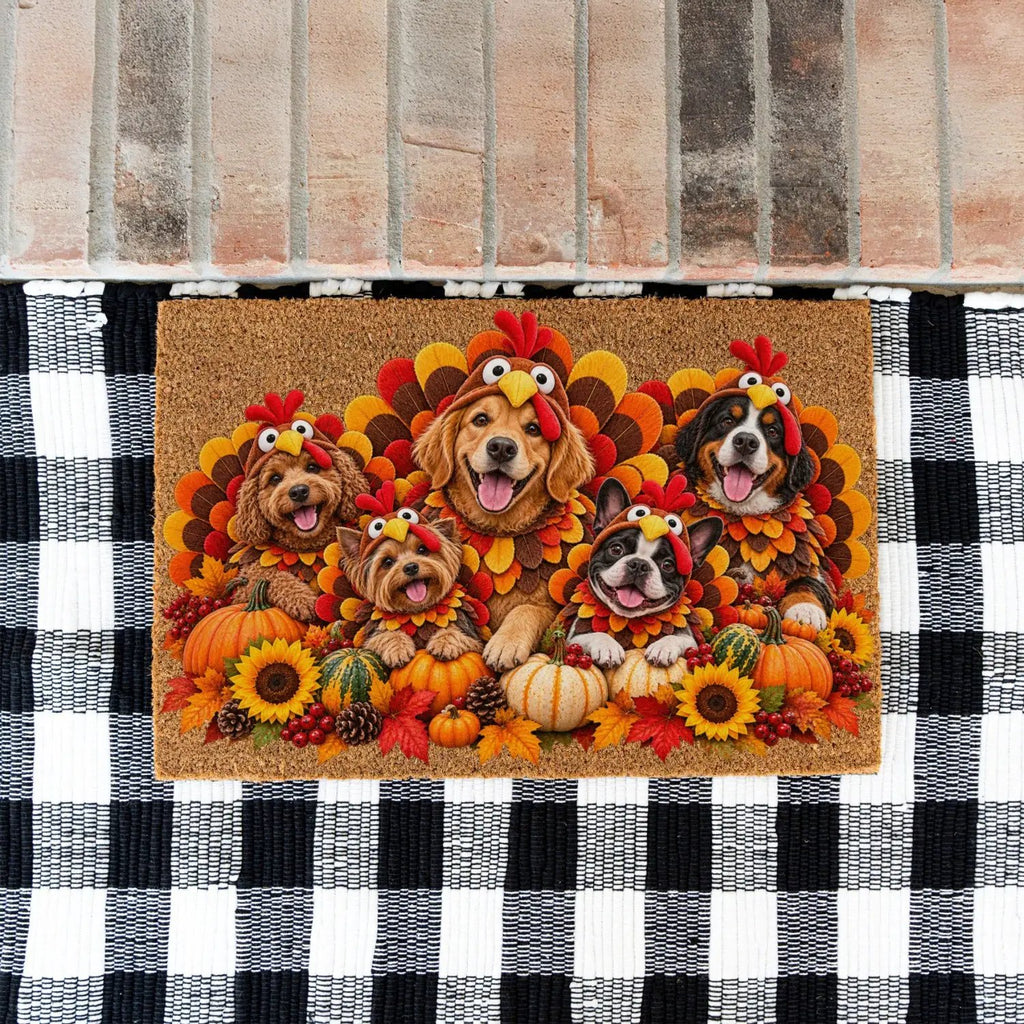 Thanksgiving Dog Doormat, Dogs in Turkey Costumes Coir Mat, Funny Fall Welcome Mat, Dog Lover Gift, Thanksgiving Porch Decor
