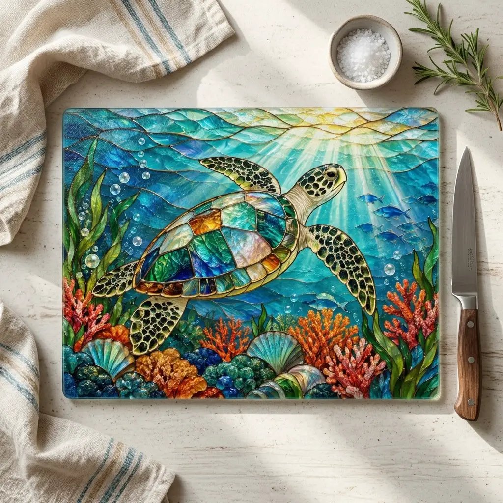 Sea Turtle Glass Cutting Board, Ocean Kitchen Decor, Marine Life Serving Board, Coastal Home Gift, Underwater Art Kitchen Accessory