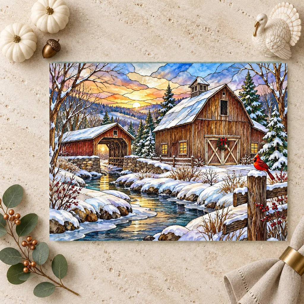 Cardinal Creek Winter Barn Glass Cutting Board, Red Cardinal Farmhouse Kitchen Decor, Country Christmas Gift
