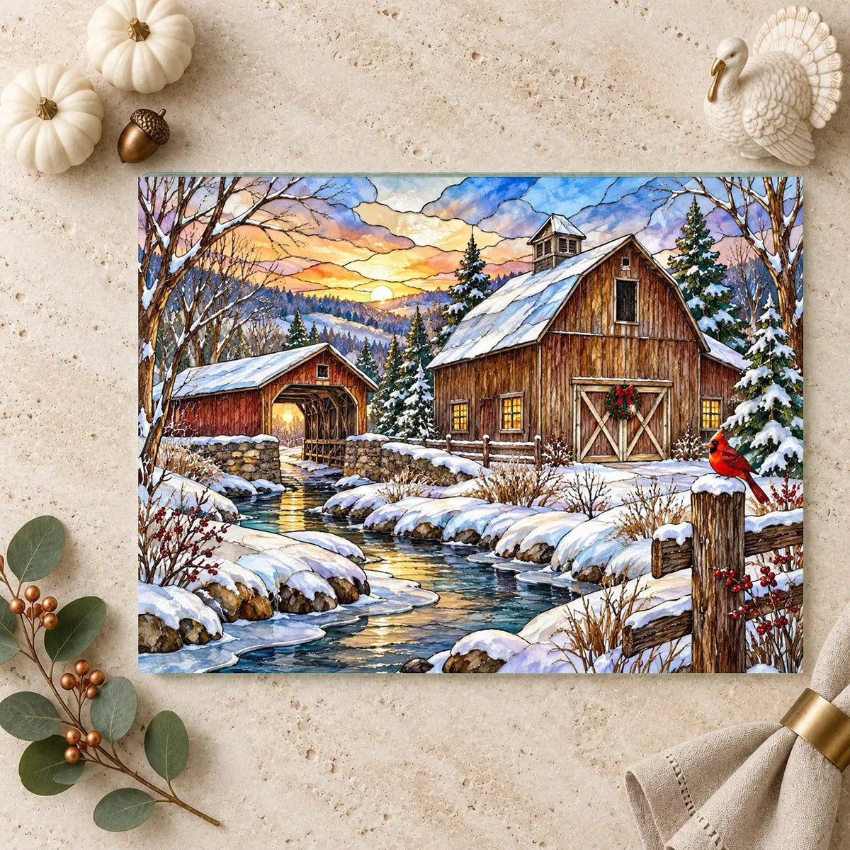 Cardinal Creek Winter Barn Glass Cutting Board, Red Cardinal Farmhouse Kitchen Decor, Country Christmas Gift