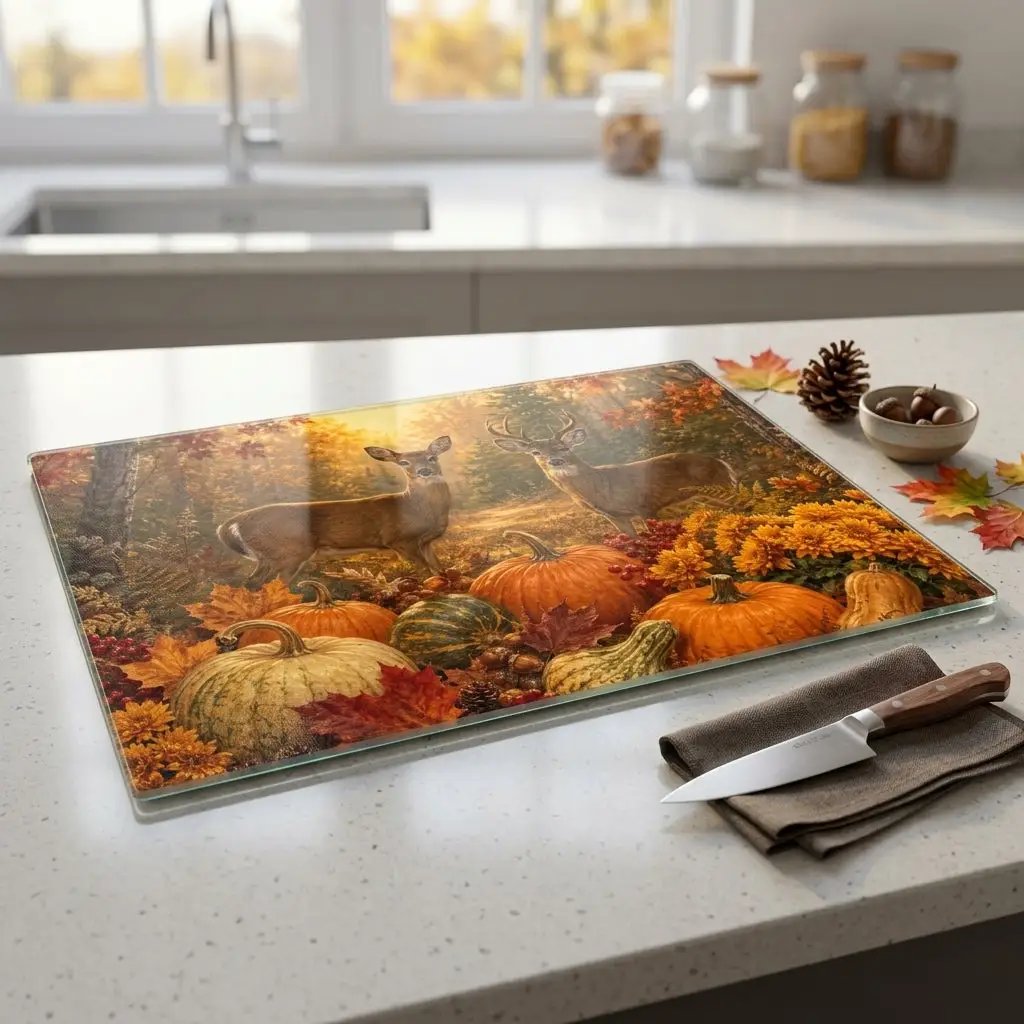 Deer Fall Glass Cutting Board, Rustic Woodland Kitchen Decor, Autumn Pumpkin Cutting Board, Hunter Cabin Gift